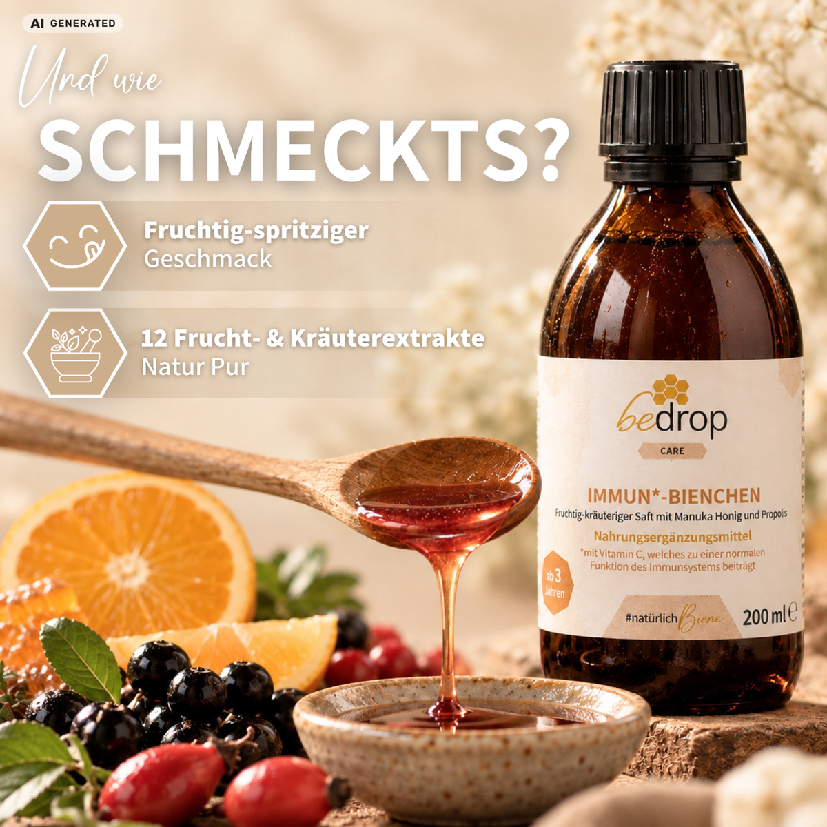 IMMUN*-BIENCHEN - Zumo afrutado y con notas herbáceas, con miel de manuka y vitamina C de acerola / 200 ml
