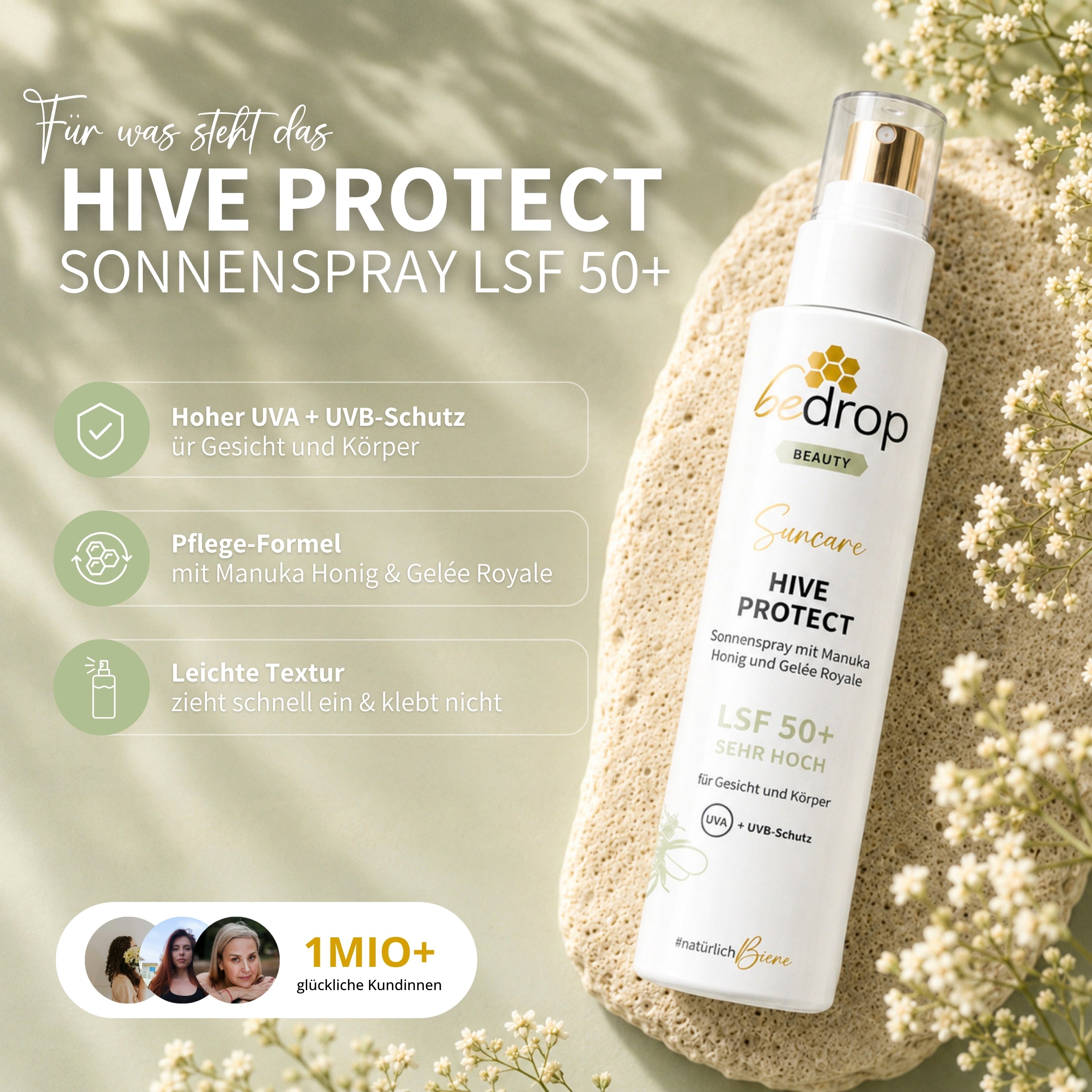 Lote: 3x HIVE PROTECT SPF 50+ - Spray solar con miel de manuka y jalea real - 200ml