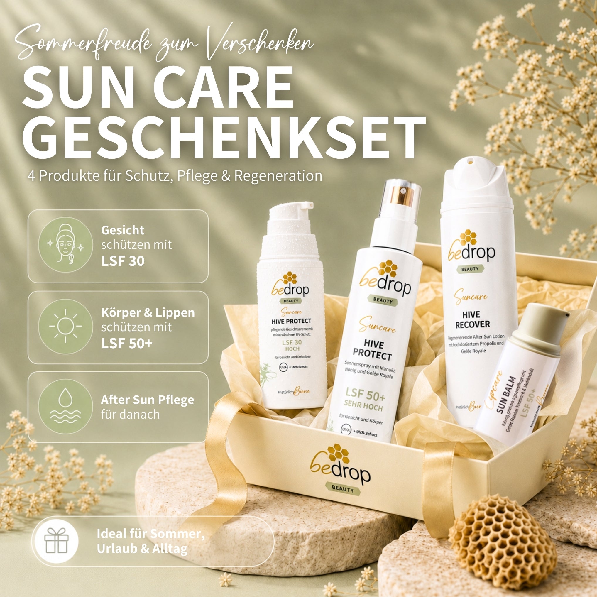Set de protección solar: Bálsamo labial Sun Balm, crema facial/protector solar Hive Protect + spray solar y after-sun, SPF 30 y SPF 50+