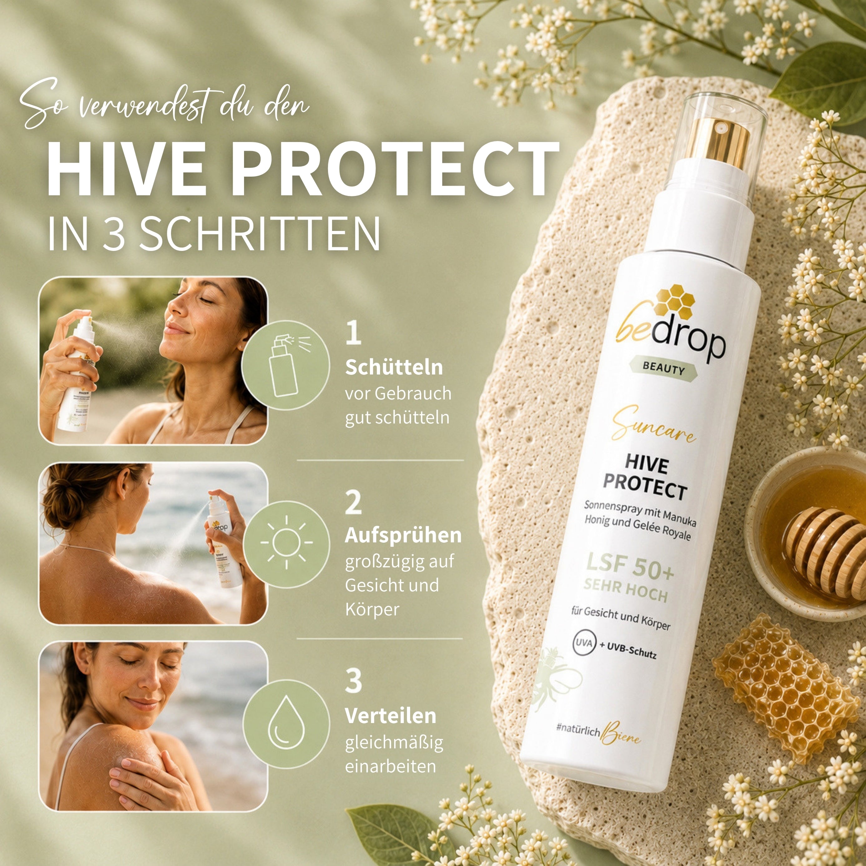 HIVE PROTECT SPF 50+ spray solar con miel de manuka y jalea real, protección solar para cara y cuerpo - 200 ml