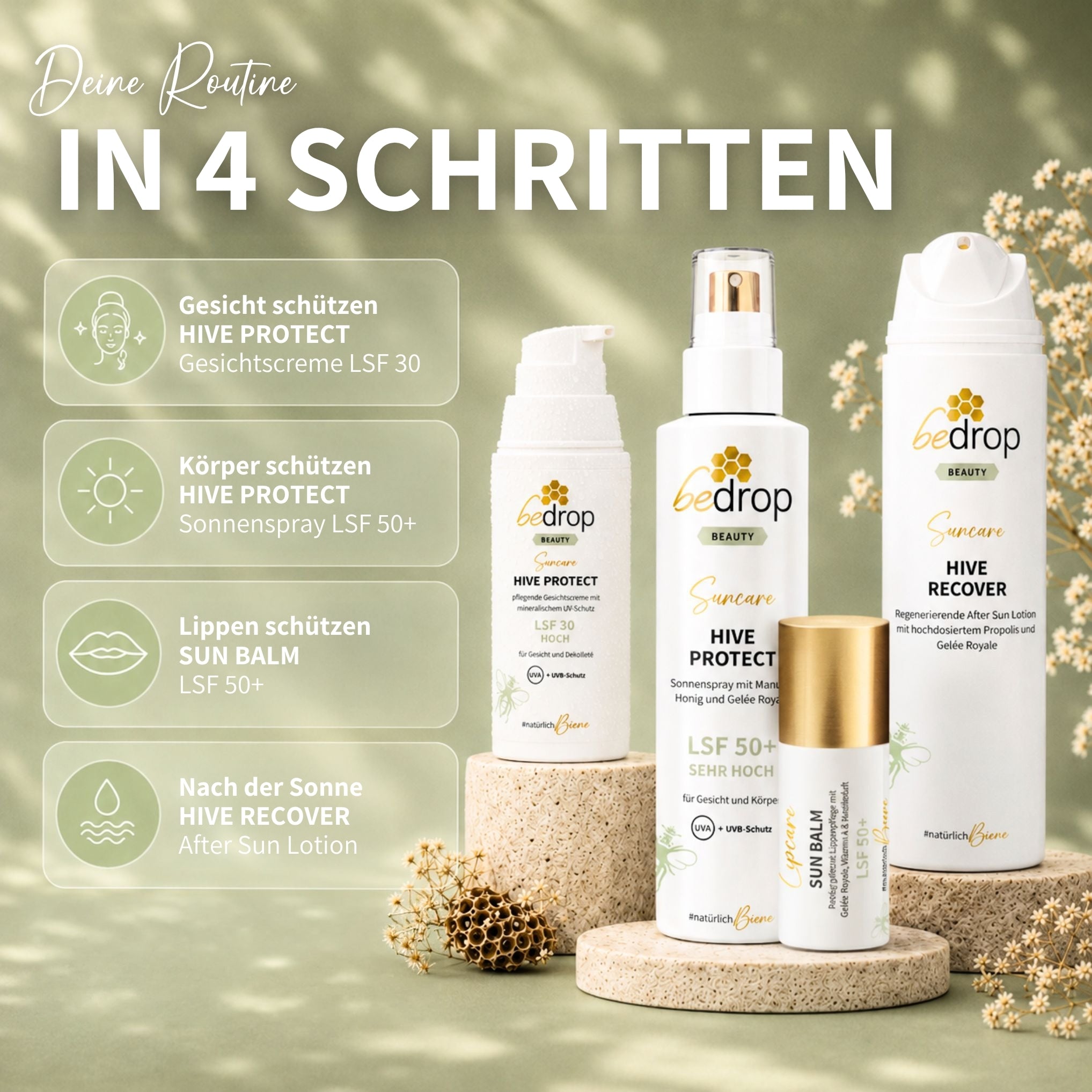 Set de protección solar: Bálsamo labial Sun Balm, crema facial/protector solar Hive Protect + spray solar y after-sun, SPF 30 y SPF 50+