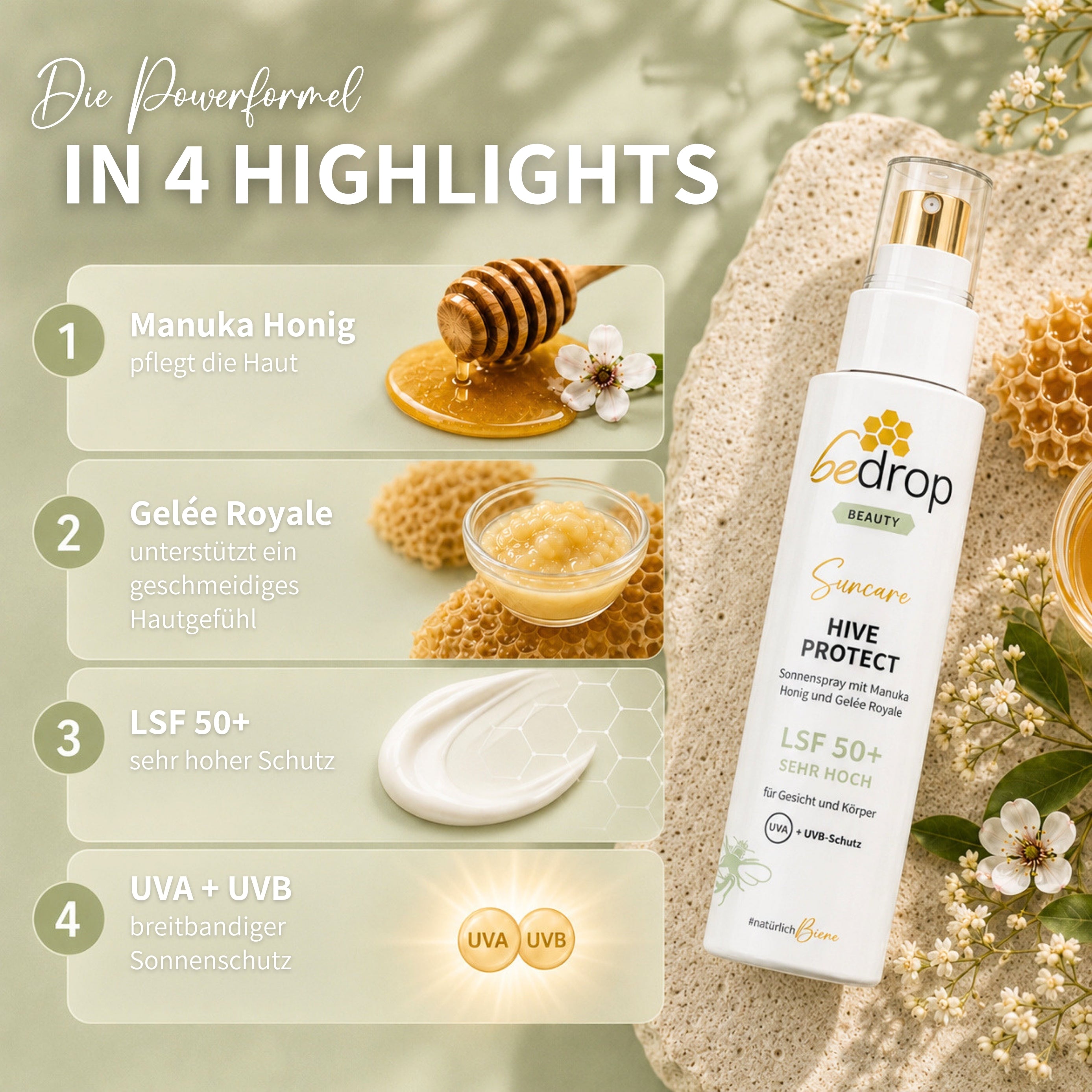 Lote: 3x HIVE PROTECT SPF 50+ - Spray solar con miel de manuka y jalea real - 200ml