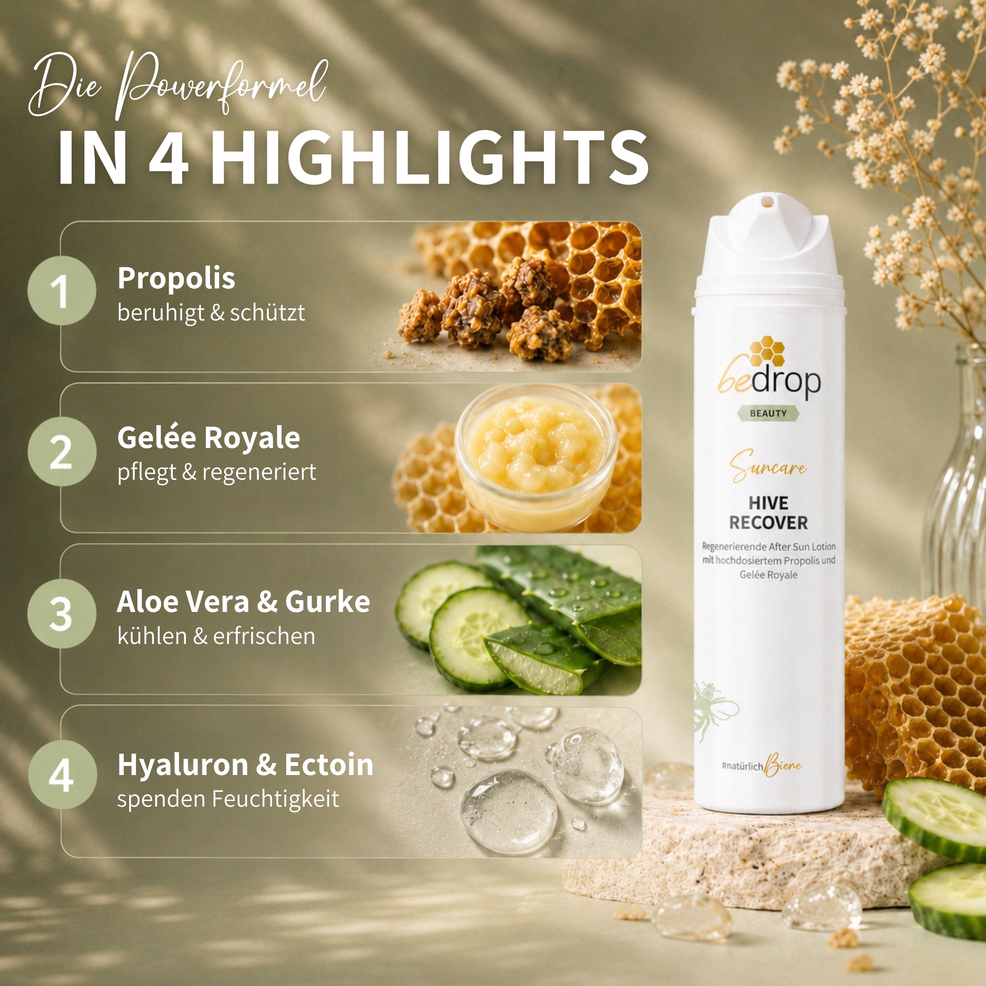 Lote: 6x HIVE RECOVER - loción regeneradora para después del sol con altas dosis de jalea real y propóleo - 200ml