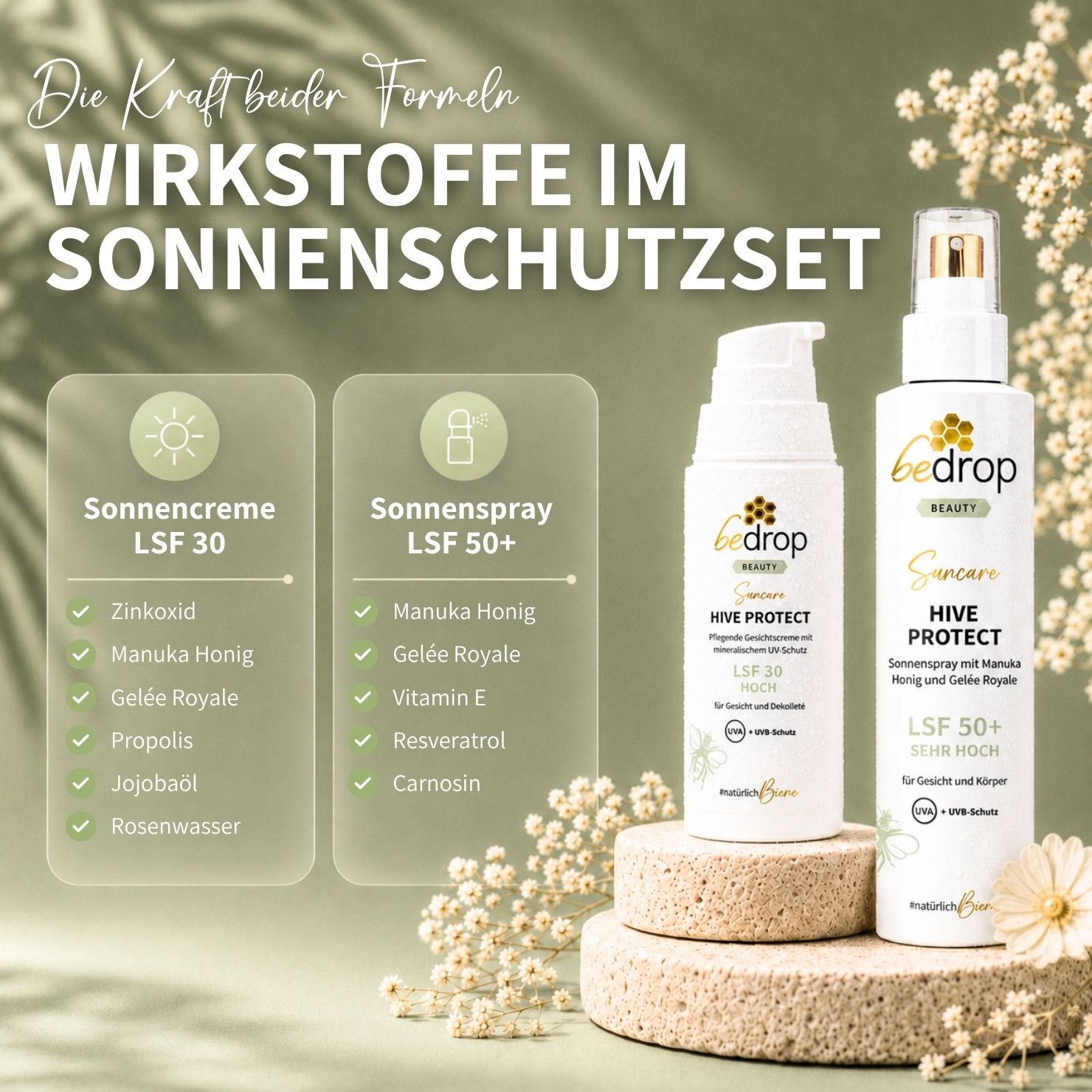 Set de protección solar: Spray solar Hive Protect SPF 50+ y Hive Protect SPF 30