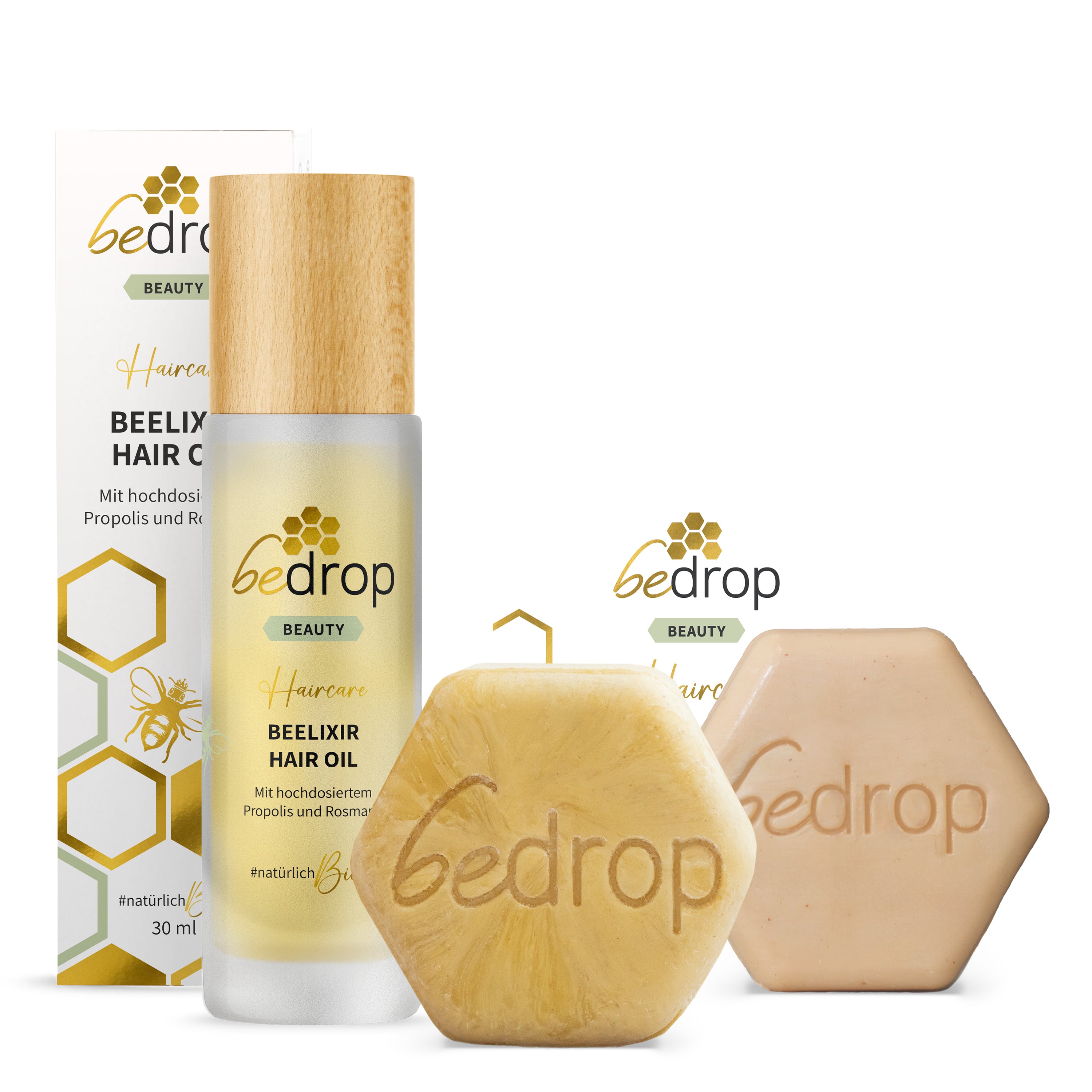 Set de cuidado capilar BEELIXIR con champú sólido, acondicionador y aceite capilar