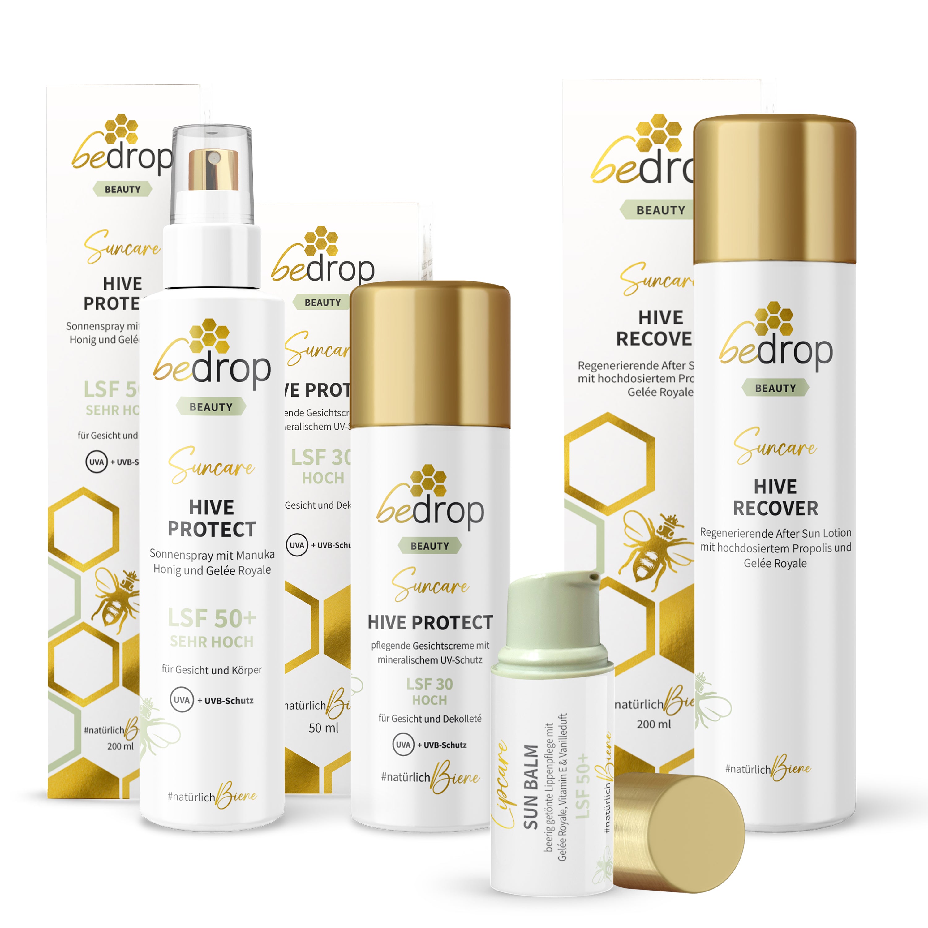 Set de protección solar: Bálsamo labial Sun Balm, crema facial/protector solar Hive Protect + spray solar y after-sun, SPF 30 y SPF 50+
