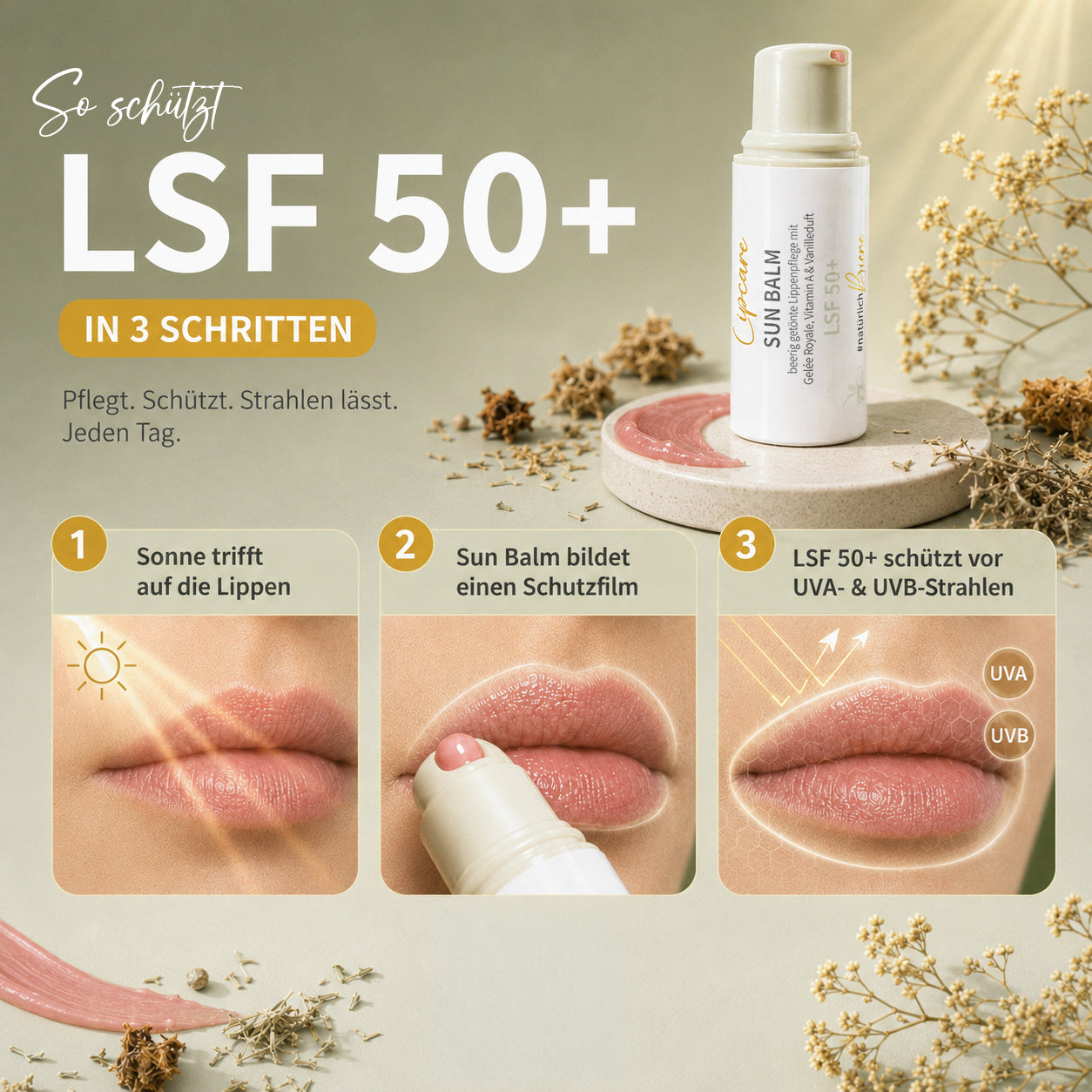 SUN BALM SPF 50+ - bálsamo labial con jalea real y delicada fragancia de vainilla