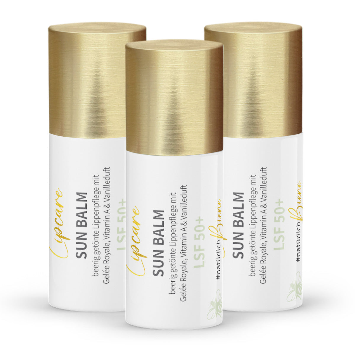 Estuche: 3x Sun Balm SPF 50+ - bálsamo labial con jalea real y delicada fragancia de vainilla